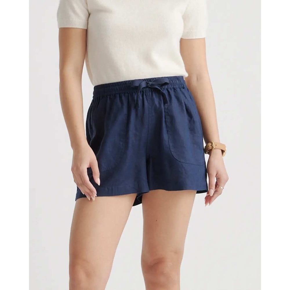 Quince European Linen Shorts Navy Blue Elastic Waist Drawstring Summer Staple